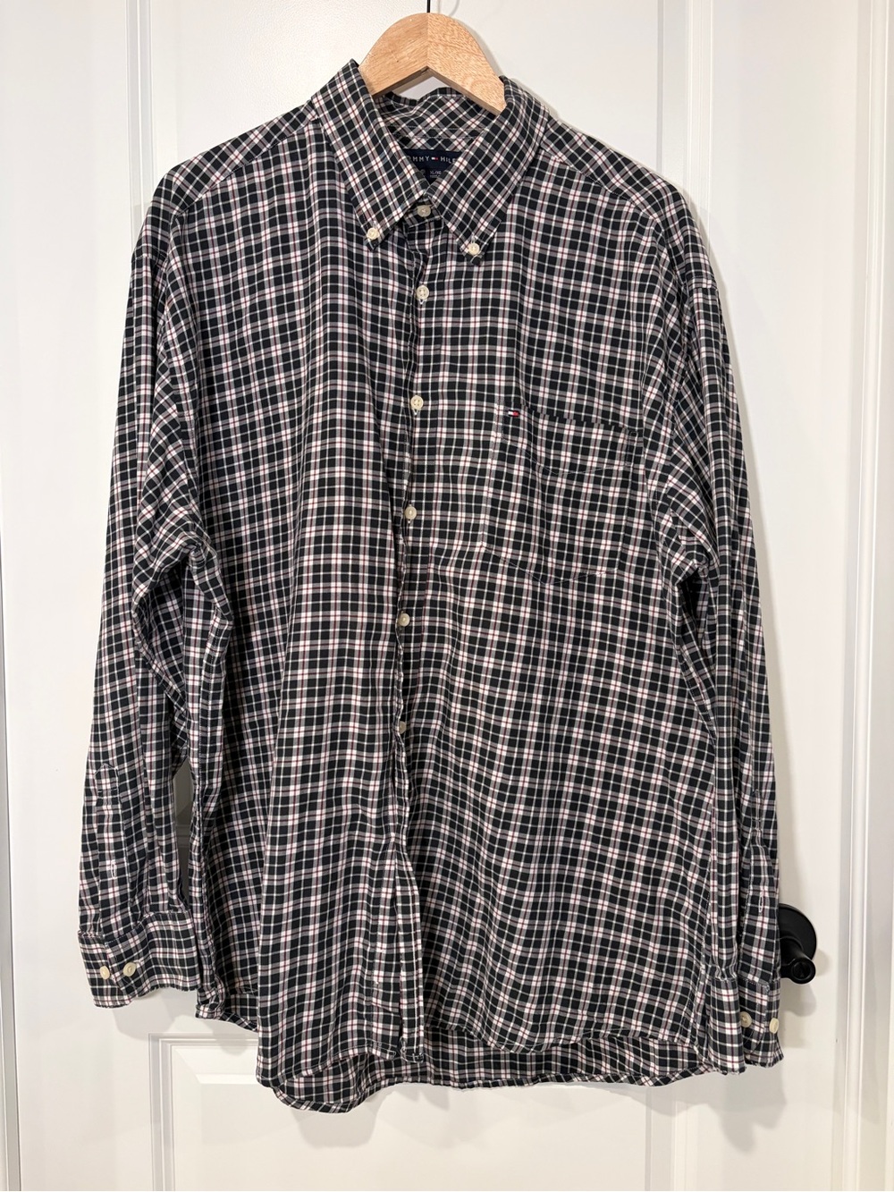 Vintage Y2K Tommy Hilfiger Plaid Button Down Shirt Black Red Big & Tall XL